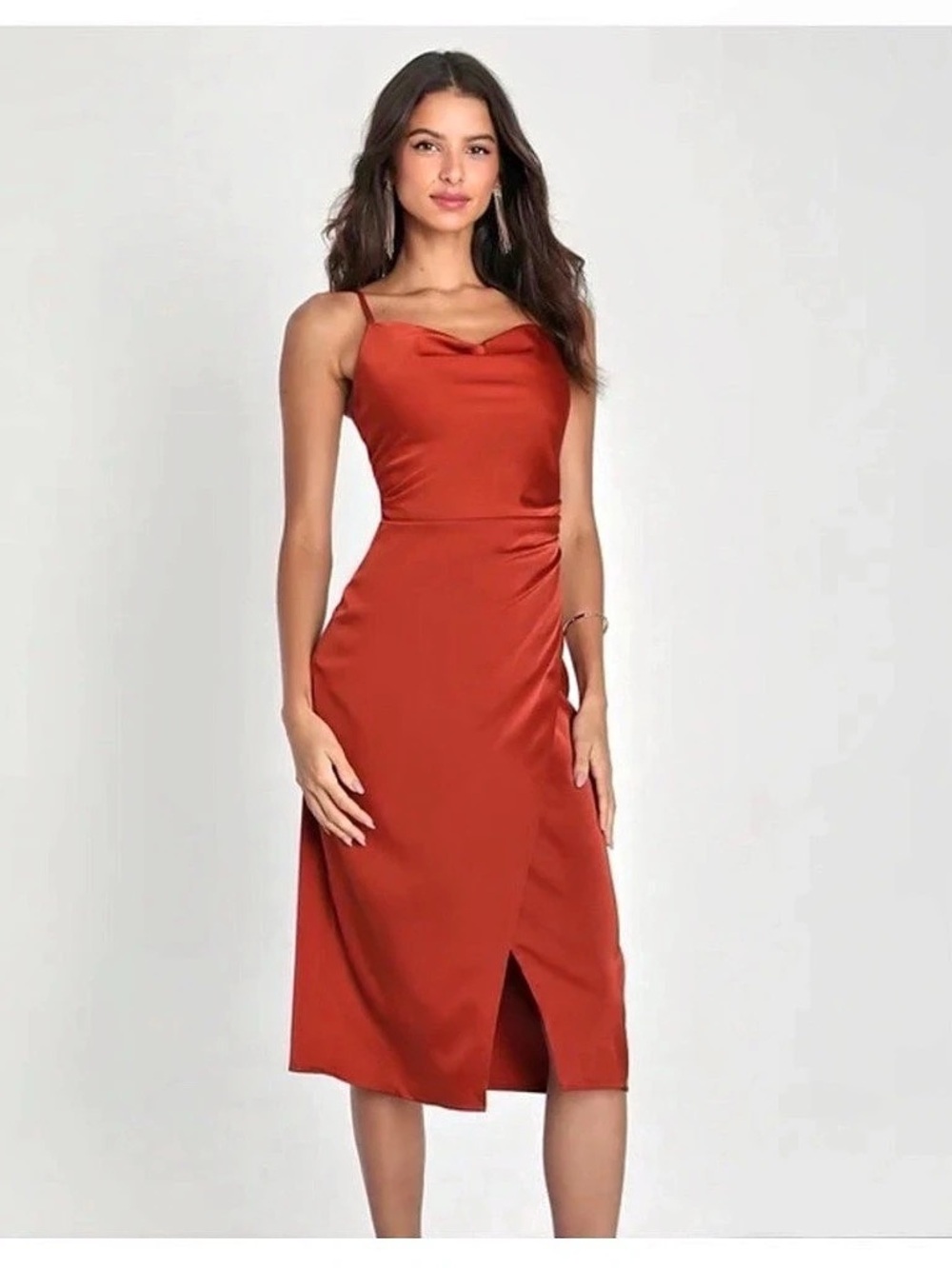 Lulus Satin Cowl Neck Midi Dress in Burnt Orange Size Small Like New